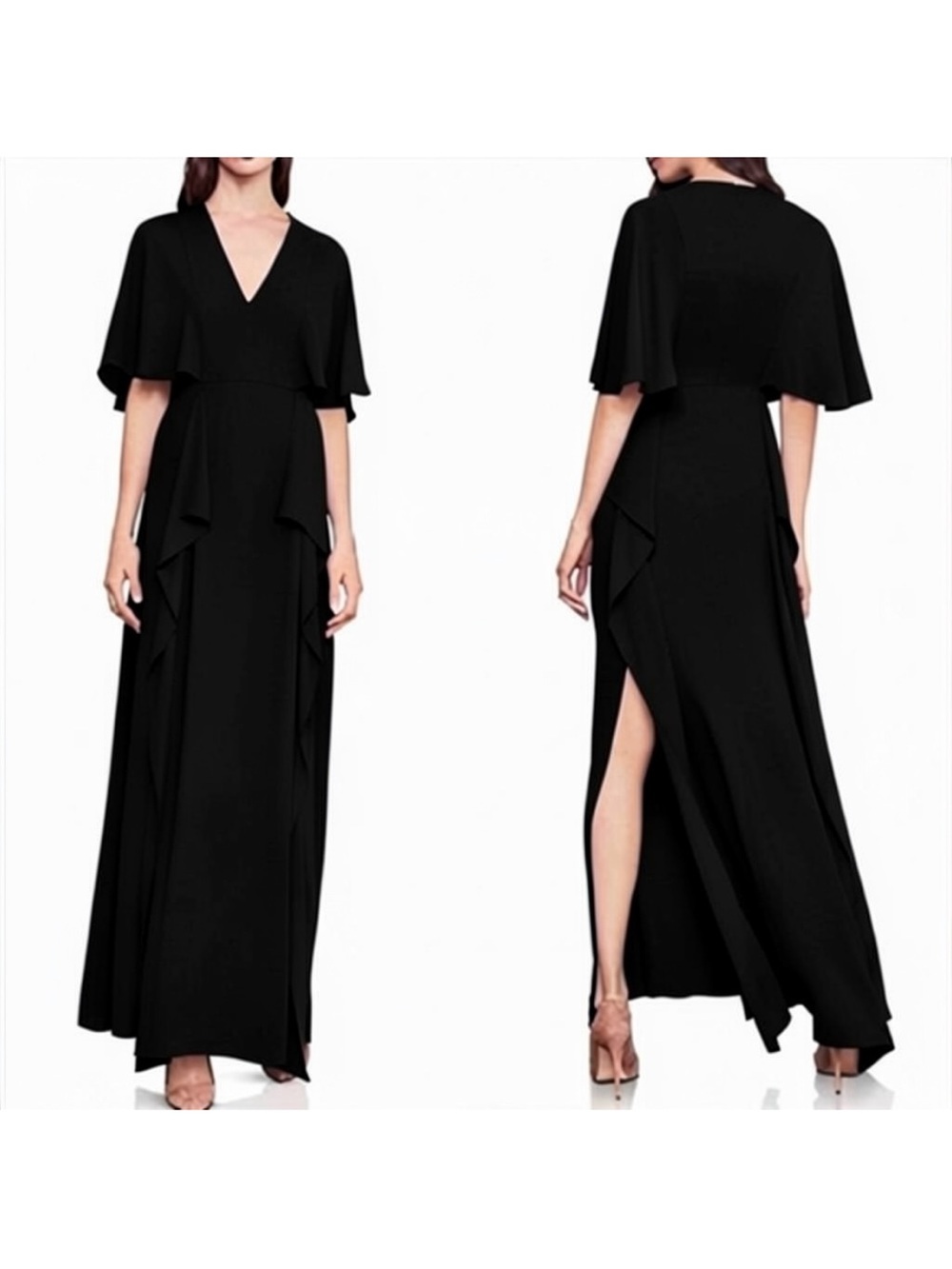 BCBGMAXAZRIA Black V-Neck Cape Sleeve Asymmetrical Ruffle Maxi Dress Gown Size 4
